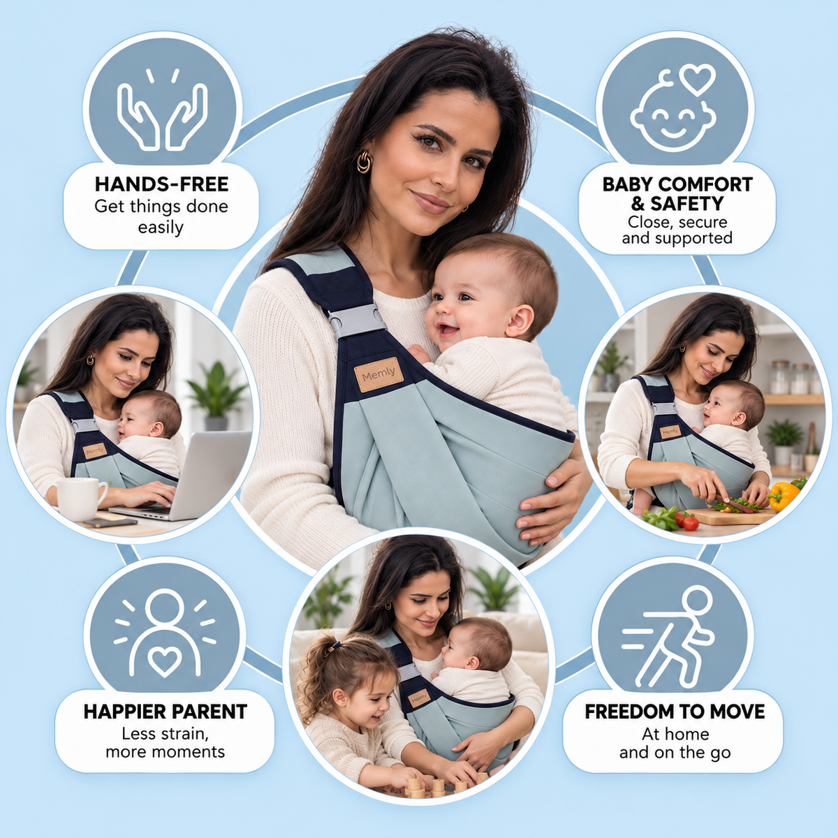 Hands-free baby carrier, adjustable for comfort